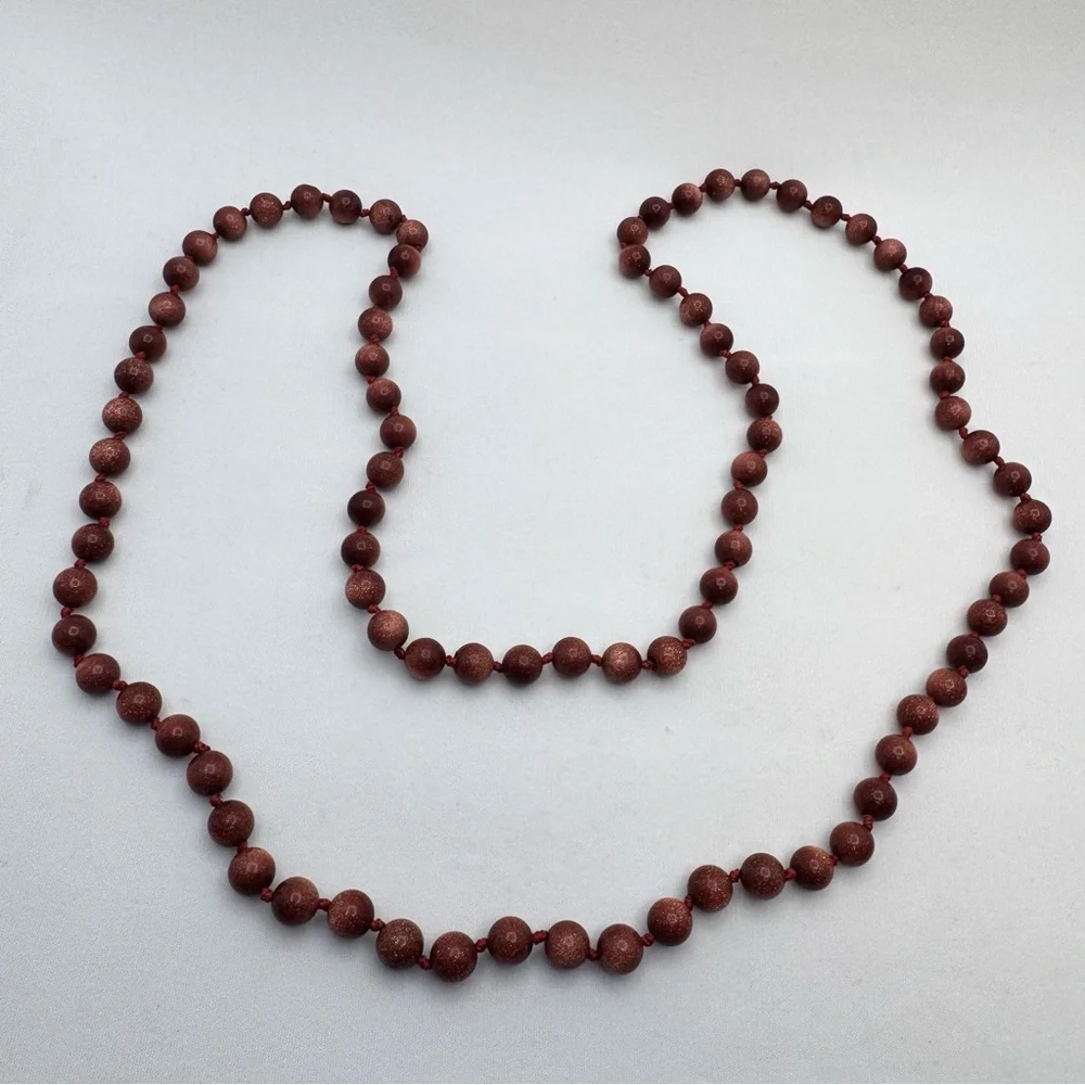 Goldstone Beaded Necklace Long Brown Sparkle Gemstone Strand Boho Statement